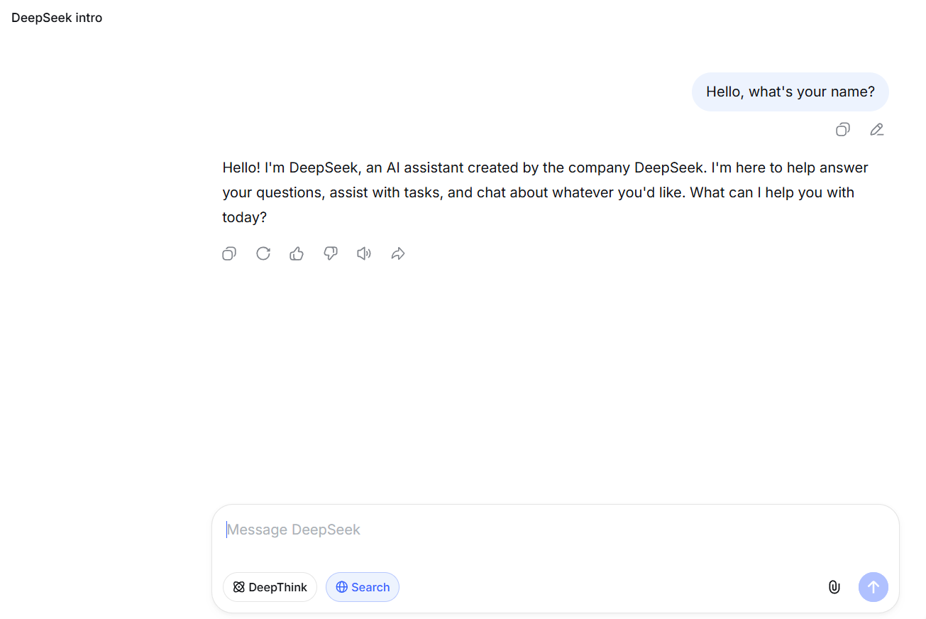 First DeepSeek conversation with reply and action buttons
