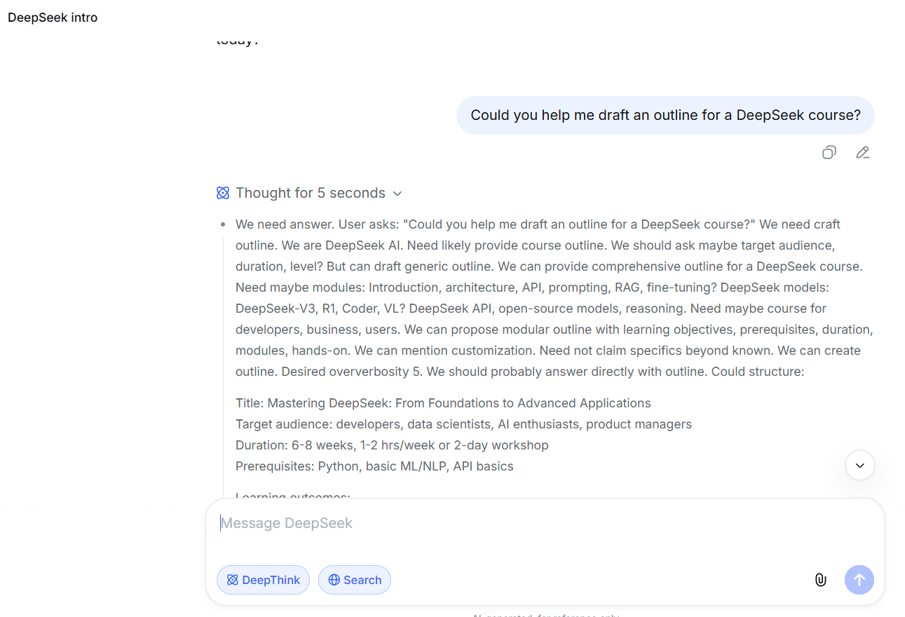 DeepThink in action, showing a thought process of 5 seconds